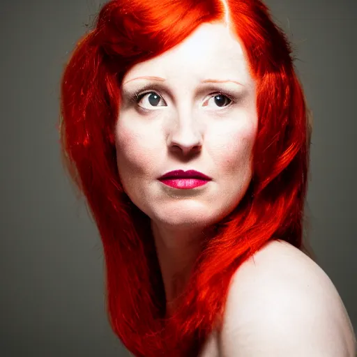 Prompt: a color photo portrait of a woman with red hair in the style of richard avedon, 7 5 mm lens, studio lighting.