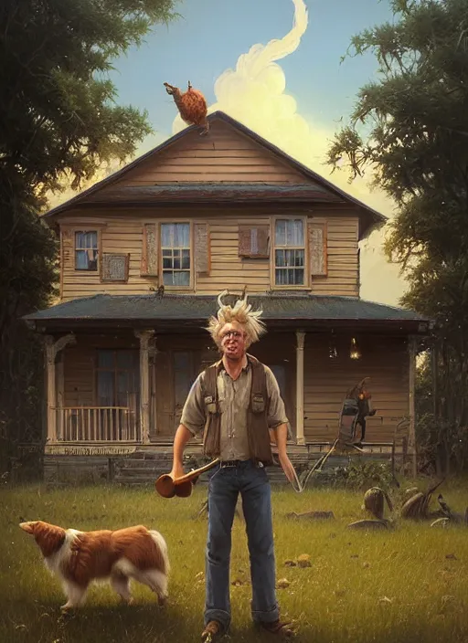 Prompt: highly detailed portrait of long - haired hillbilly in front of old style house, with his fluffy australian shepherd, blonde hair, stephen bliss, art by greg rutkowski, loish, rhads, ferdinand knab, makoto shinkai and lois van baarle, artgerm, pixar, ilya kuvshinov, rossdraws, tom bagshaw, global illumination