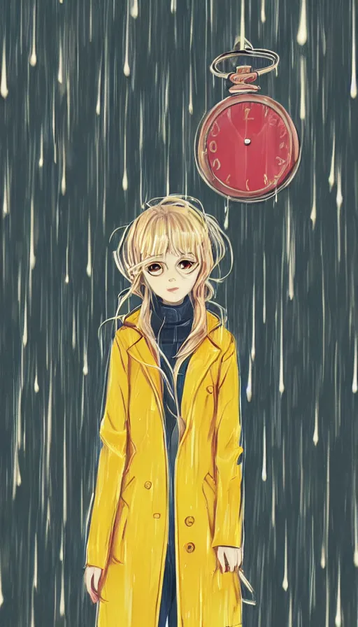 Image similar to girl in a yellow coat standing in the rain holding a small pocket watch, thick outlines, bright colors, digital art, hard edges, detailed, anime style, dynamic pose, character design, fisheye perspective, high angle, art by sora kim, rinotuna, ilya kuvshinov