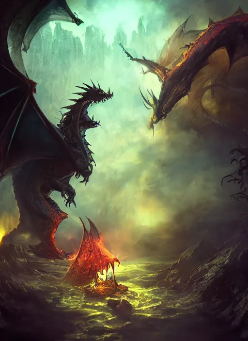 Image similar to minion dragon flame minion dragon lord minion dragon rider on fantasy skyland, realistic art, dark atmosphere, sharp focus, bokeh, cinematic perspective, full hd