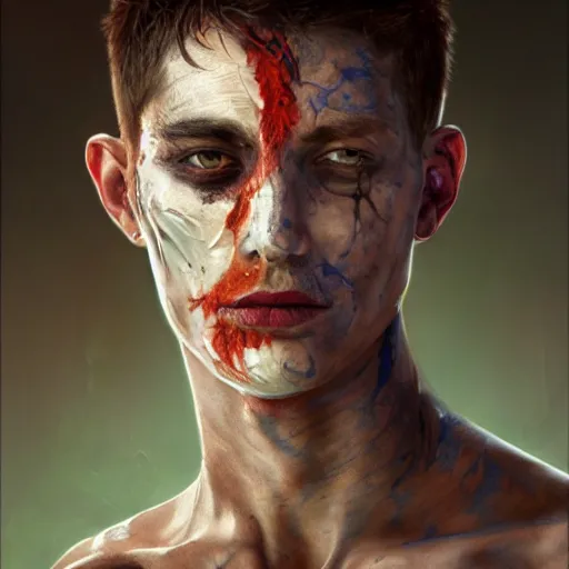 Image similar to portrait painting of young man with severe burn scars on his face and poorly cropped hair with a severe expression wearing tattered light armor, ultra realistic, concept art, intricate details, eerie, highly detailed, photorealistic, octane render, 8 k, unreal engine. art by artgerm and greg rutkowski and charlie bowater and magali villeneuve and alphonse mucha