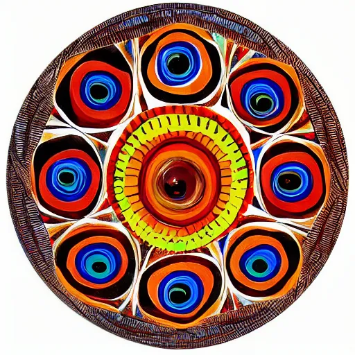 Prompt: A beautiful kinetic sculpture a large eye that is looking directly at the viewer. The eye is composed of a myriad of colors and patterns, and it is surrounded by smaller eyes. The smaller eyes appear to be in a state of hypnosis, and they are looking in different directions. mexican muralism, blood orange by Diego Velázquez somber, daring