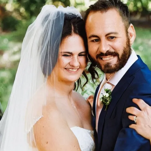 Prompt: a happy quokka photobombing a wedding photo, award-winning photograph