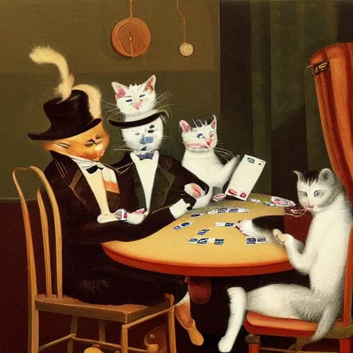 Prompt: the cats playing poker painting by cassius marcellus coolidge