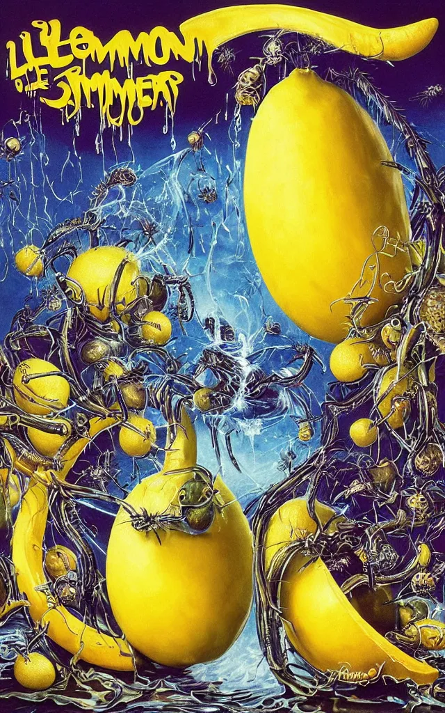 Image similar to big lemon surrounded by giant airbrushed spiders glimmering and drips of water, black background, airbrush fantasy 80s, masterpiece album cover