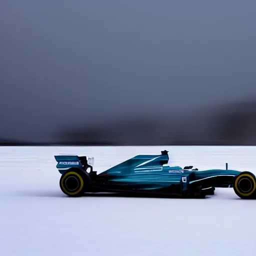 Image similar to an f1 car drifting across a frozen ice lake, cinematic shot