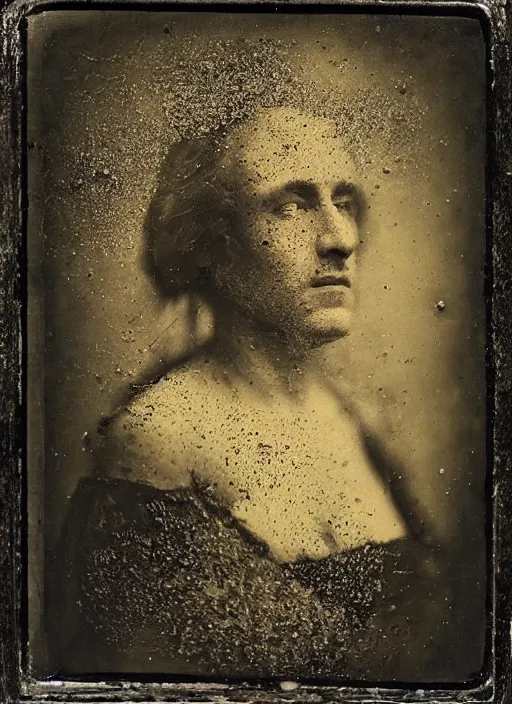 Image similar to old wetplate daguerreotype portrait with crackled skin, explosion of data fragments, fractal, intricate, elegant, highly detailed, parallax, leica, medium format, subsurface scattering, by jheronimus bosch and greg rutkowski and louis jacques mande daguerre