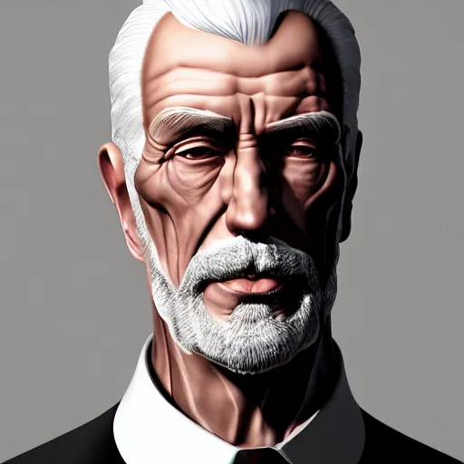 Prompt: old greying handsom man with high collar fantasy, symmetrical beautiful, portrait, trending on artstation