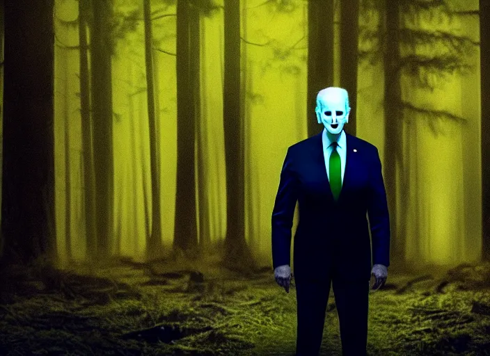 Image similar to joe biden as slenderman in forest, creepy joe biden, tall trees, night, creepy, horror, movie still, dark, haunted, cinematic lighting, ray tracing, octane render, long lens, shallow depth of field, bokeh, anamorphic lens flare, 8 k, hyper detailed, 3 5 mm film grain