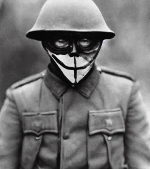 Image similar to a soldier wearing a scary mask in distance, ww1 film photo, grainy, high detail, high resolution