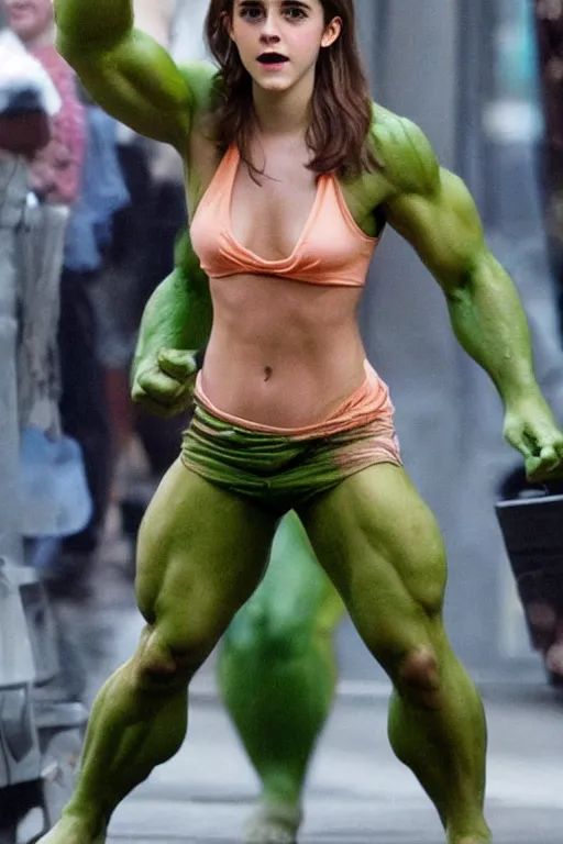 Image similar to emma watson as hulk, hyper realistic