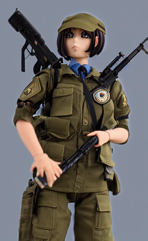 Prompt: toy photo, grabbing a rifle, school uniform, portrait of the action figure of a girl, anime character anatomy, figma by good smile company, collection product, dirt and smoke background, flight squadron insignia, realistic military gear, 70mm lens, round elements, photo taken by professional photographer, trending on instagram, symbology, 4k resolution, low saturation, realistic military carrier