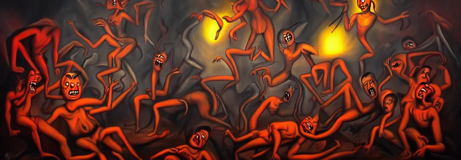 Image similar to hell demons, dramatic lighting, 1 9 3 0 s fleischer cartoon characters, wild emotional expressions - surreal painting by ronny khalil