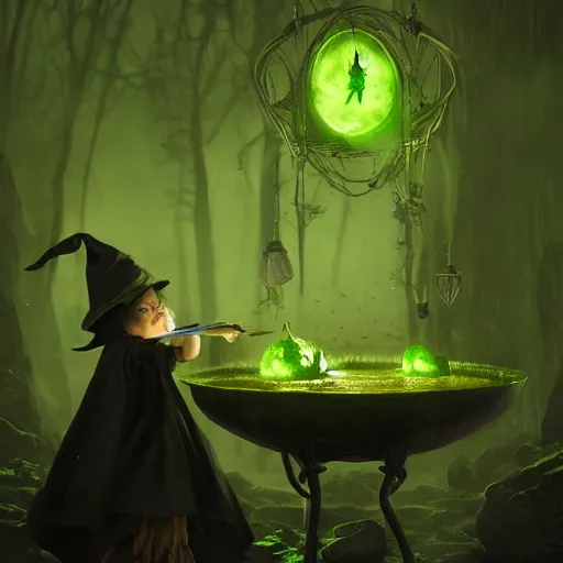 Prompt: a scary witch making green glowing soup from a cauldron, Matte painting , detailed painting, made by Greg Rutkowski, 4k, atmospheric