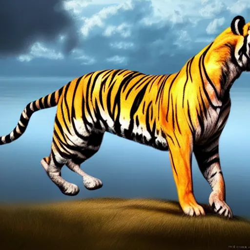 Image similar to tiger horse hybrid floating in the calm sky, trending in artstation, digital art, wow, stunning, high quality, 1 6 k, intrincate, very detailed, velvet fur