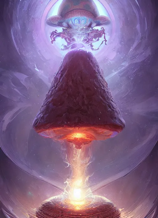 Image similar to enormous mushroom deity of the stars resides inside void manifold, portrait by ross tran, timeline nexus, ascending universes, a dnd illustration of esoteric concept by cgsociety and james gurney, artstation, hdr, rtx