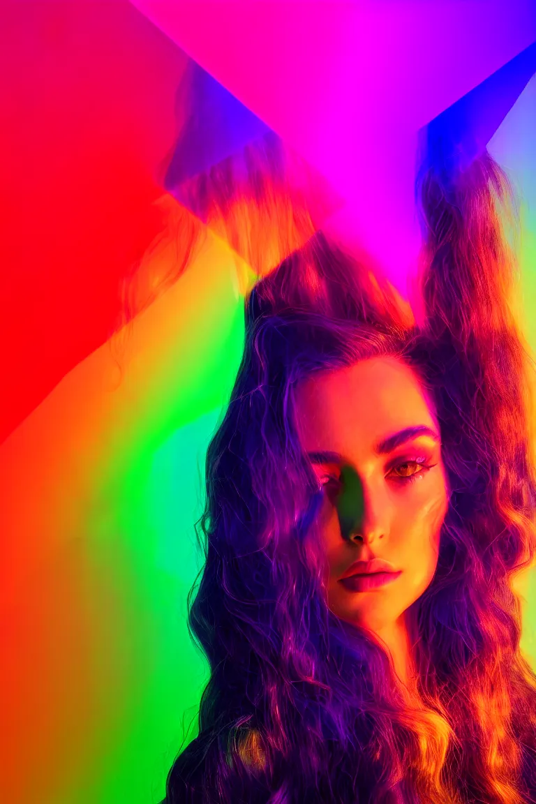 Image similar to goldenhour selfie photo of a stunningly beautiful model with large symmetrical violet eyes and flowing iridescent hair, rainbow light spectrum caustics and shadows cast by the blinds