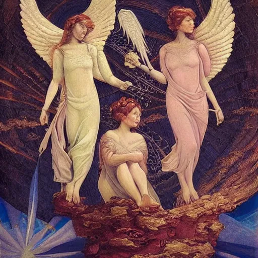 Prompt: angels in a spiral against the sky in the style of Richard Dadd painting