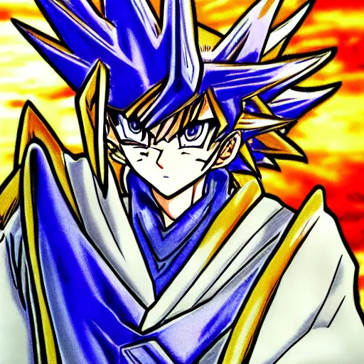 Image similar to portrait anime, manga drawing of yugi muto battles sauron, yu - gi - oh art