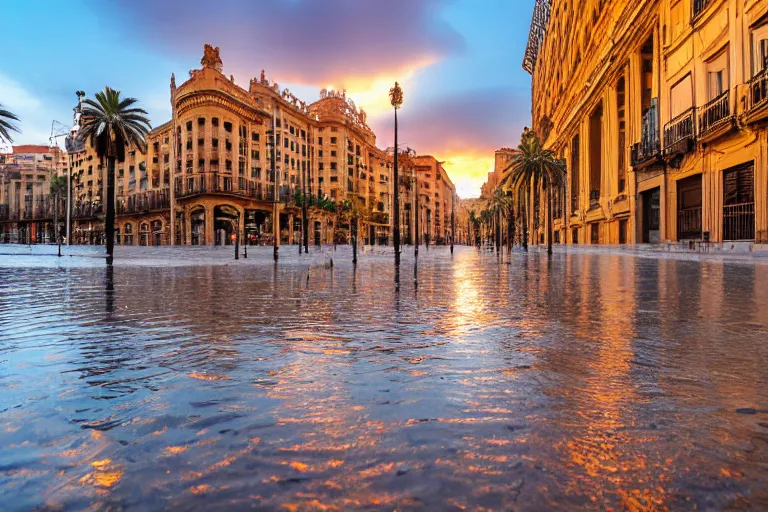 Image similar to views of catastrophic barcelona streets covered with water, global warming, sunset lighting, photo real