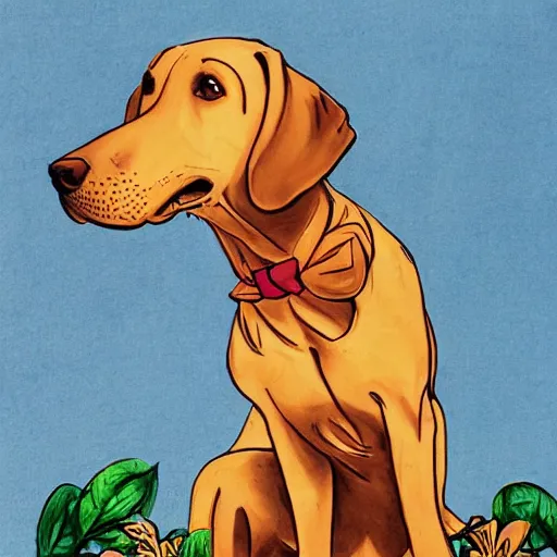 Prompt: a brown labrador with a hawaii shirt, artwork by don bluth,