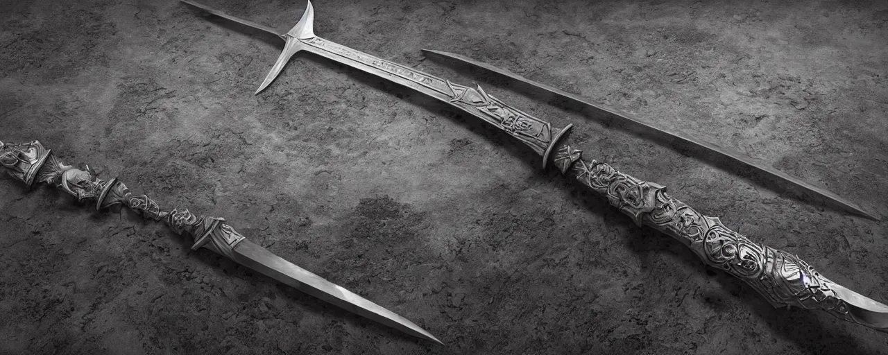 Image similar to long sword, black skull sword guard sword, steel, sword, crystals, engravings, forged, blacksmith product design, jewelry, art by gerald brom, greg rutkowski and artgerm and james jean and zdzisław beksinski, 8 k, unreal engine, c 4 d