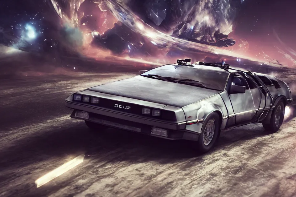 Image similar to ultra realistic delorean dmc 5 drifting on an ancient space highway in space, motion render, dark cinematic, volumetric, realistic, 3 d render, realistic render, cinematic lighting, volumetric lighting, atmospheric, cinematic, unreal engine 5, unreal engine render, octane render, hd, photorealism, hyper realistic, photo, 8 k