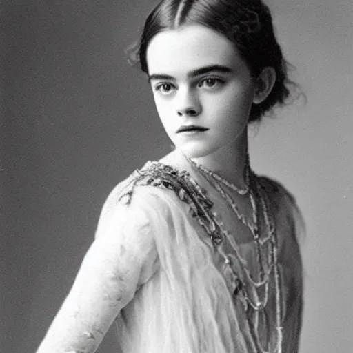 Prompt: Edwardian photograph of Elle Fanning, Emma Watson, elegant, 1910s, 1900s, grainy, detailed, trending on artsation