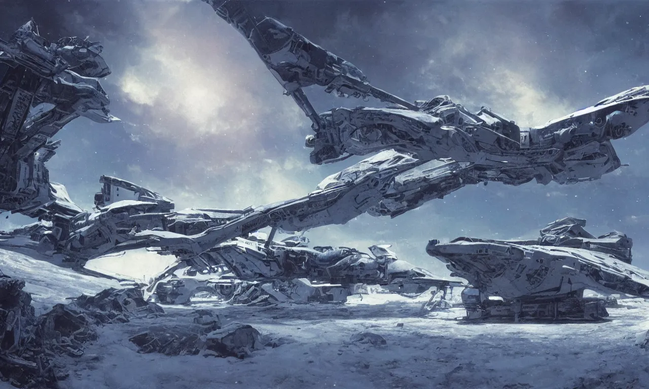 Image similar to remains of a derelict spaceship covered in snow on a frozen alien world, science-fiction, cinematic lighting, cinematic angle, Syd Mead, Federico Pelat, daylight, blue sky, spaceship in the sky