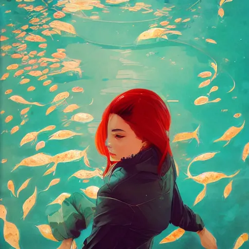 Image similar to a ultradetailed beautiful portrait panting of a stylish woman surrounded by floating koi fish, by conrad roset, greg rutkowski and makoto shinkai, trending on artstation