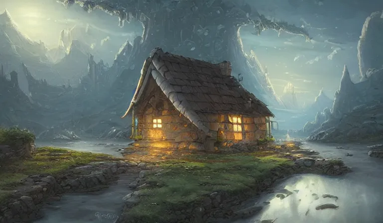 Image similar to A serene landscape with a singular building in the style of Jordan Grimmer and Justin Gerard.