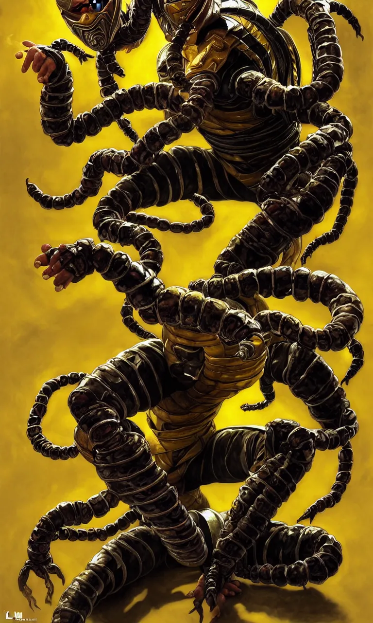 Image similar to hyper realistic full body portrait of scorpion from mortal kombat, mk ninja character, yellow ninja exosuit, dynamic chain movement around him, by lee bermejo, alphonse mucha and greg rutkowski