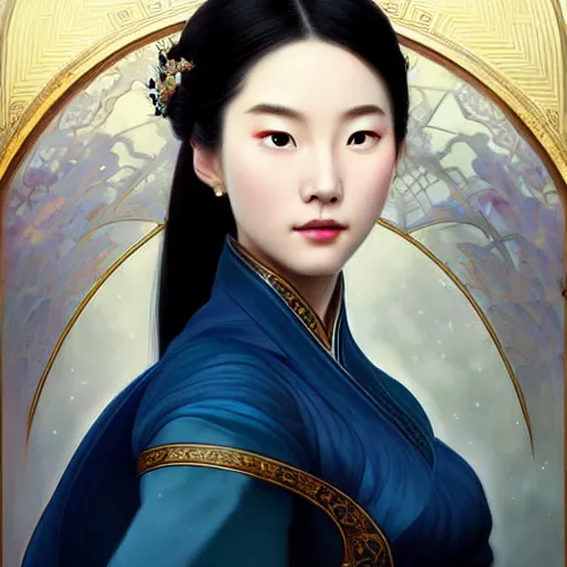 Prompt: ‘elegant Chinese princess like yifei liu, D&D, blue eyes, black hair, fantasy, intricate, elegant, highly detailed, digital painting, artstation, concept art, smooth, sharp focus, illustration, art by artgerm and greg rutkowski and alphonse mucha’