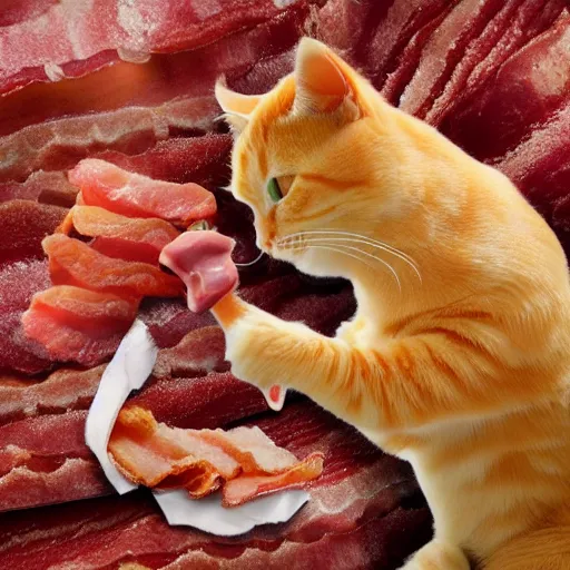 Prompt: orange tabby cat fighting an anthropomorphic humanoid bacon strip, anthropomorphic humanoid bacon strip fighting tabby, realistic