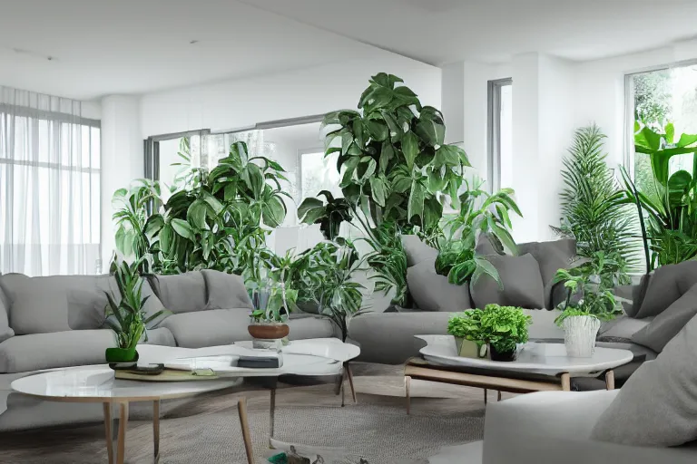 Prompt: a modern indoor room, open doors to garden, architecture a couch table some lush plants daylight 8 k octane render