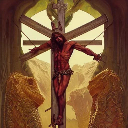 Prompt: fullbody!! crucified lizard king on the cross, scaly cold blooded reptilian, claws, intricate, elegant, religious, highly detailed, digital painting, artstation, concept art, smooth, sharp focus, illustration, art by artgerm and greg rutkowski and alphonse mucha