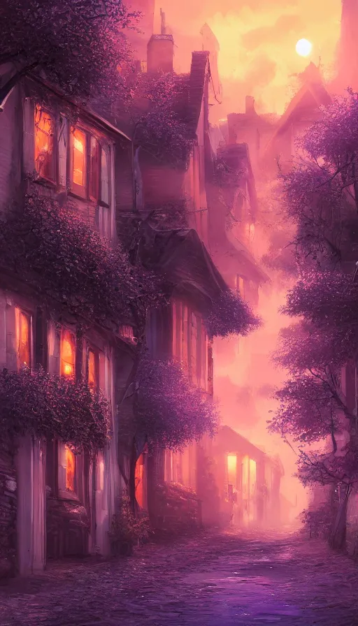 Image similar to landscape of a beautiful street full of wysteria, purple lighting, sunset, dusk. old houses by the road. hyper detailed, artstation cgsociety, 8 k