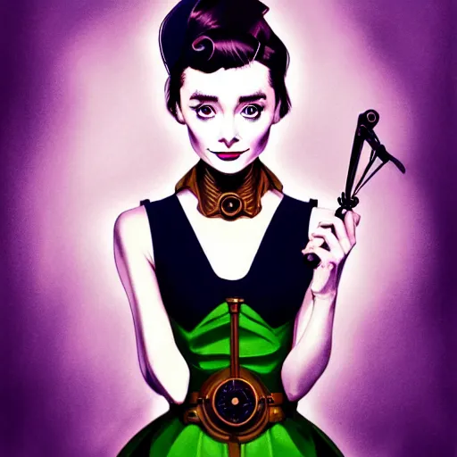 Image similar to in the style of joshua middleton, artgerm, beautiful audrey hepburn, steampunk, bioshock, elegant pose, middle shot, spooky, symmetrical face symmetrical eyes, three point lighting, detailed realistic eyes, short neck, purple and green top clothing, insanely detailed and intricate elegant