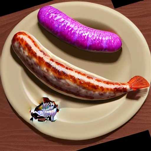 Prompt: photorealistic, half fish half sausage on a plate. sausage with the fins of a fish