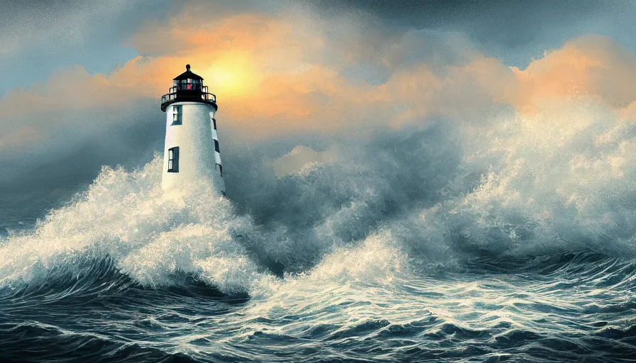 Image similar to a lighthouse being struck by a huge wave out at sea, digital art, highly detailed, realistic, bright colors, 8 k