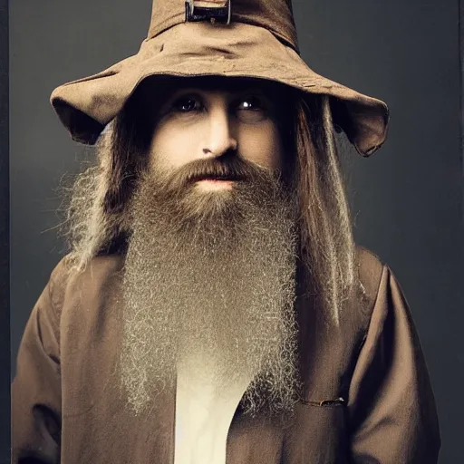 Image similar to photograph of a five year old boy wizard, beard, wizard hat by annie leibovitz, long hair