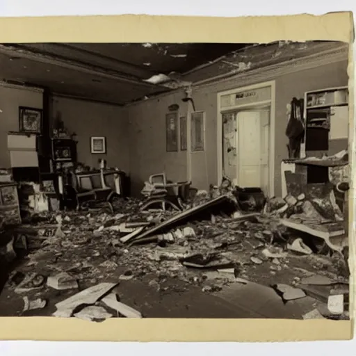 Prompt: The illustration shows a scene of total destruction. A room has been completely wrecked, with furniture overturned, belongings strewn about, and debris everywhere. The only thing left intact is a single photograph on the wall. This photograph is the only evidence of what the room once looked like. It shows a tidy, well-appointed space, with everything in its place. The contrast between the two images is stark, and it is clear that the destruction was complete and absolute. pear by Stuart Davis, by Arthur Boyd realistic