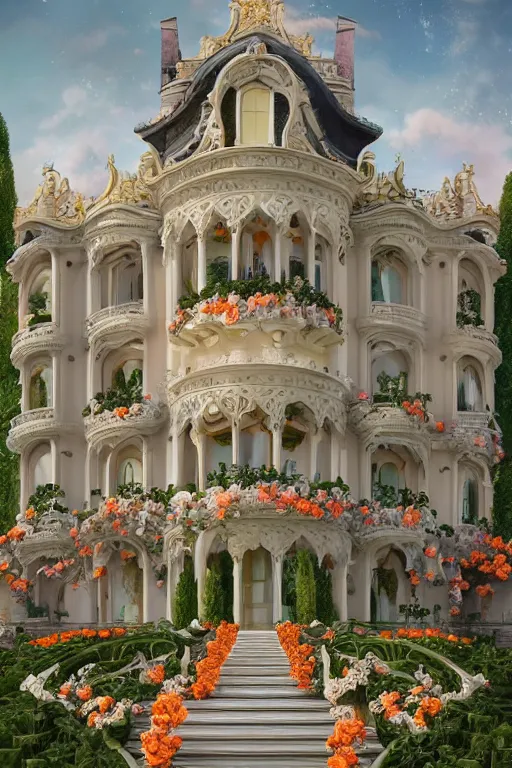 Image similar to The front of the white Rococo-style castle is full of roses, Art Nouveau Cosmic 4k Detailed Matte Illustration featured on Getty Images ,CGSociety, Jade and Carrot orange color scheme, Pastiche by Marc Simonetti, Pastiche by Cedric Peyravernay