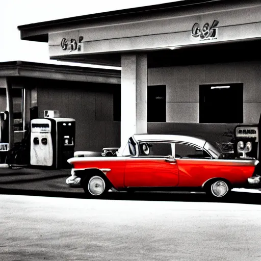 Image similar to stylized photo of a red car at a gas station in 1956