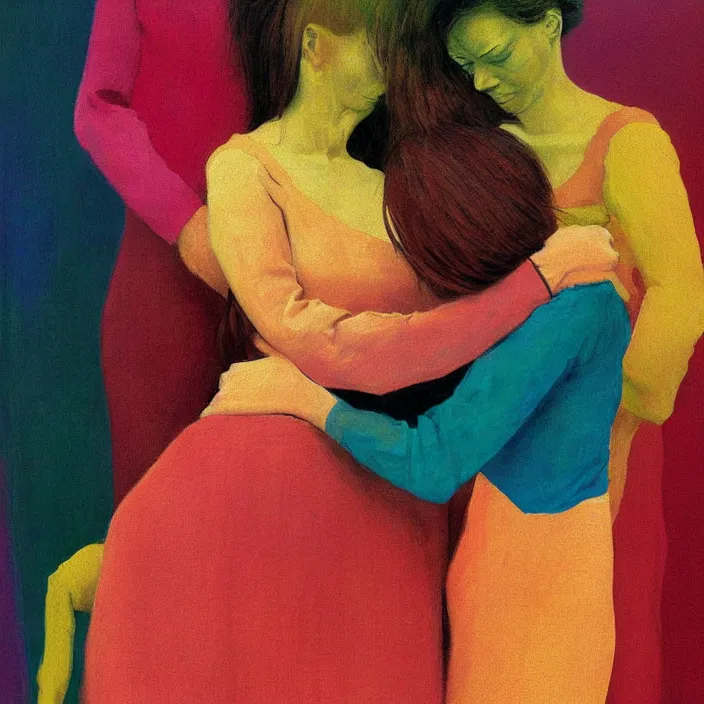 Prompt: portrait of women made of colorful threads hugging Edward Hopper and James Gilleard, Zdzislaw Beksinski, highly detailed