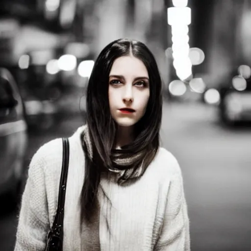 Image similar to a brunette girl, in her twenties, very long hair, dressed casually, walking from behind in the streets of new york, city lights, smoke, cinematic