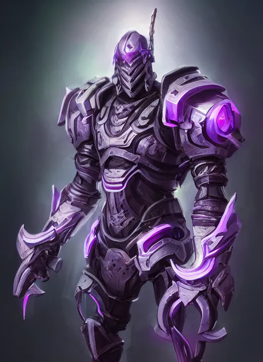 Image similar to a highly detailed illustration of fantasy cyber knight with machine gun arms, rigid bulky armor, purple glowing core in armor, dramatic standing pose, intricate, elegant, highly detailed, centered, digital painting, artstation, concept art, smooth, sharp focus, league of legends concept art, WLOP