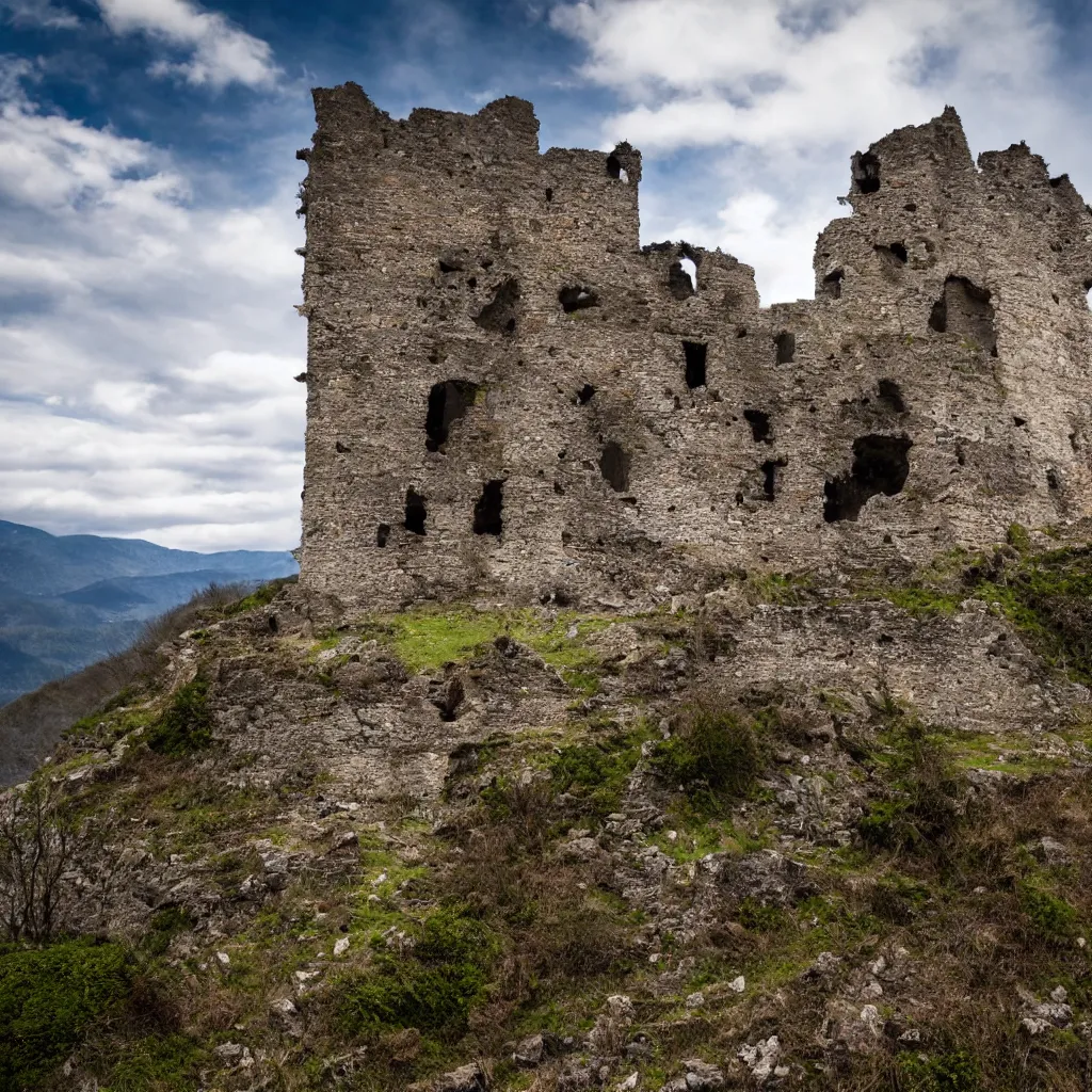 Image similar to photograph, a ruined castle on top of a big mountain, the photo was taken from very far away below the castke looking up at it, there are no other mountains around it, there is only sky in the background, day time, ambient lighting, exteme far up, ultra high detail, 8 k
