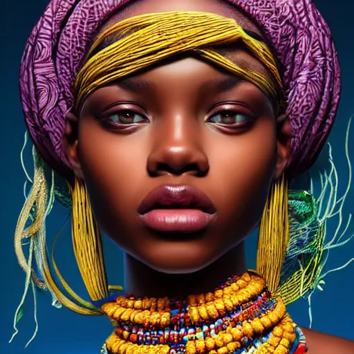 Prompt: A masterpiece portrait of a Incredibly beautiful African girl albino model. With big bright African jewelry. In African clothes. Vogue. trending on artstation, digital art, by Stanley Artgerm Lau, WLOP, Rossdraws, James Jean, Andrei Riabovitchev, Marc Simonetti, Yoshitaka Amano