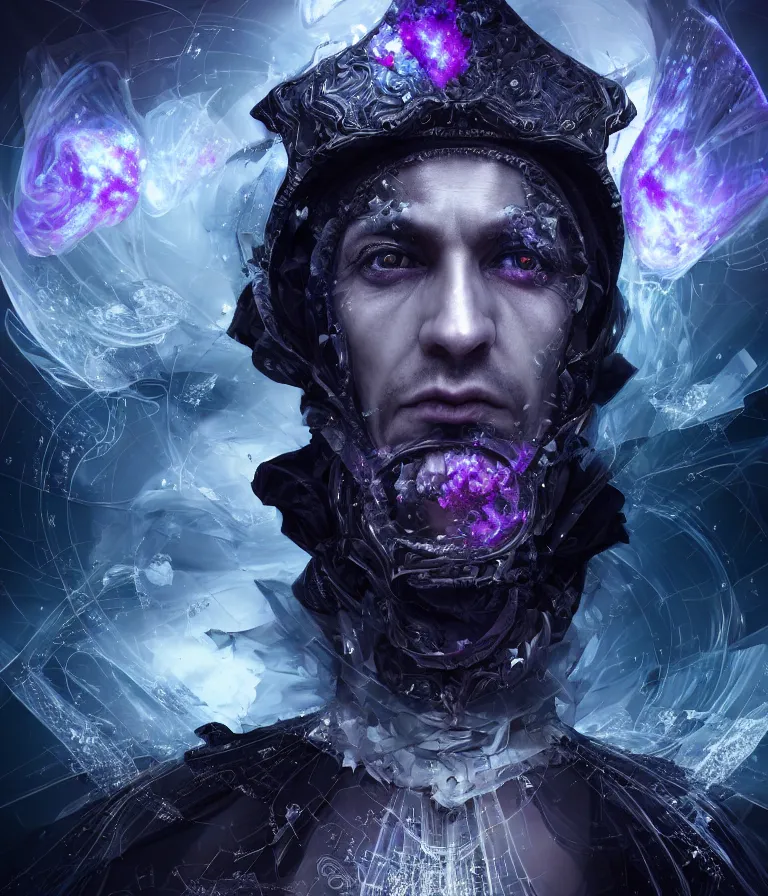 Image similar to impressive ominous front!! shot photo of a court jester character fine portrait fine portrait mesmerizing fractal hyper cubes platinum cracked dark future hyper dimensional space galactic crystal nebula edges elegant detailed intricate concept artstation sharp focus ray tracing cinematic masterpiece temporal corruption beeple wlop germ 8 4 k scifi glossy hyper realistic illustration canon eos r 3 fujifilm x - t 3 0 sony alpha a 6 6 0 0